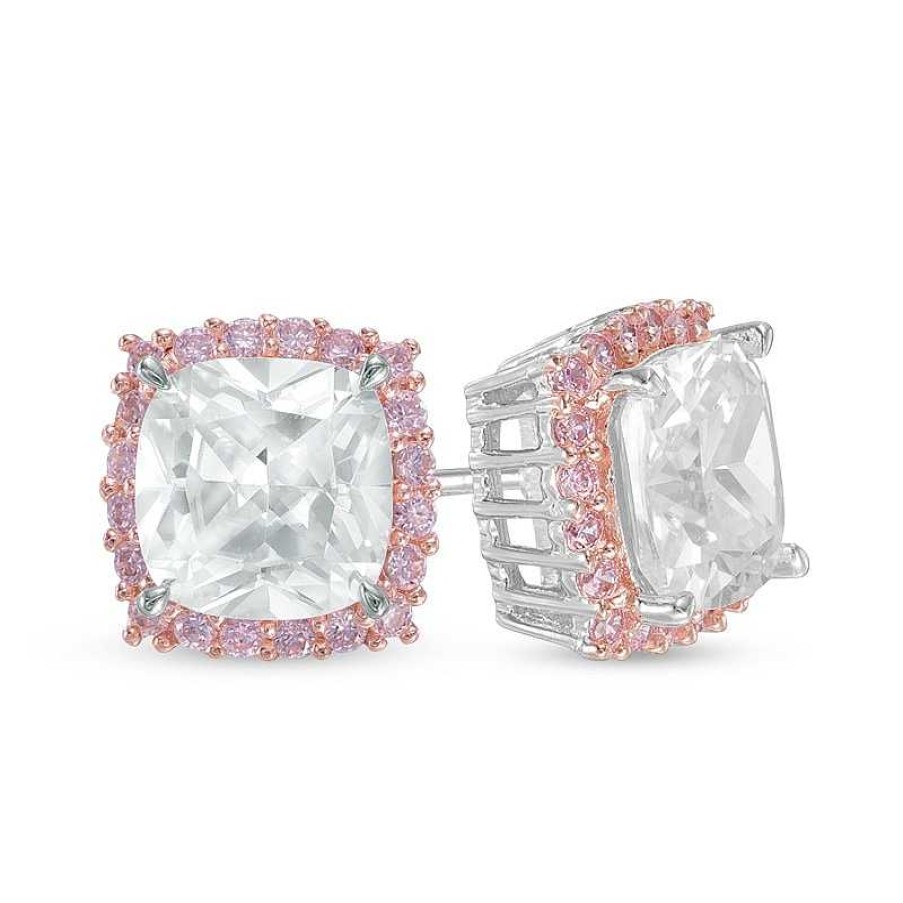 Zales 7.0Mm Cushion-Cut Lab-Created White And Pink Sapphire Frame Stud Earrings In Sterling Silver And 18K Rose Gold Plate Earrings