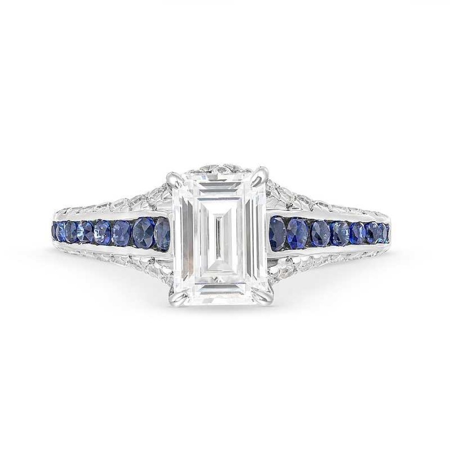 Zales Vera Wang Love Collection 1-1/2 Ct. T.W. Emerald-Cut Certified Diamond And Sapphire Engagement Ring In 14K White Gold Rings