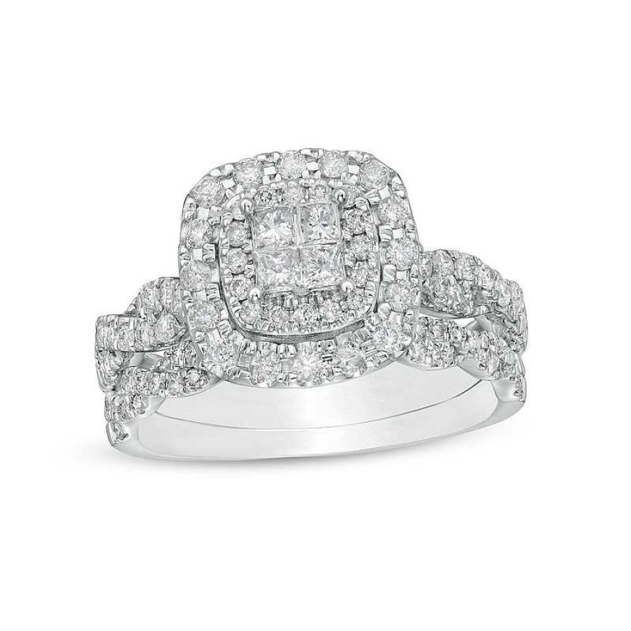 Zales 1 Ct. T.W. Quad Princess-Cut Diamond Double Cushion-Shaped Frame Twist Shank Bridal Set In 14K White Gold Rings