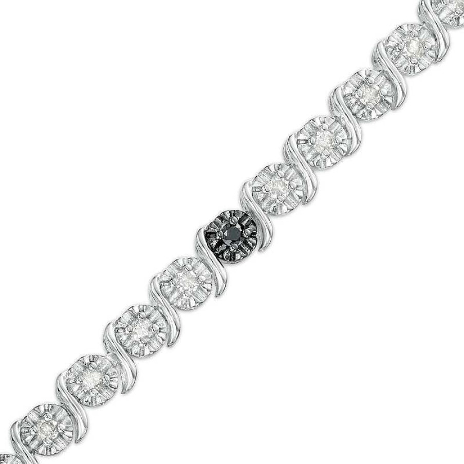 Zales 1 Ct. T.W. Black And White Diamond Five Stone Station "S" Link Tennis Bracelet In Sterling Silver - 7.25" Bracelets