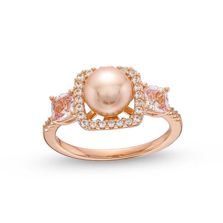 Zales 1/5 Ct. T.W. Diamond, White Lab-Created Sapphire And Cultured Freshwater Pearl Ring In 10K Rose Gold Rings