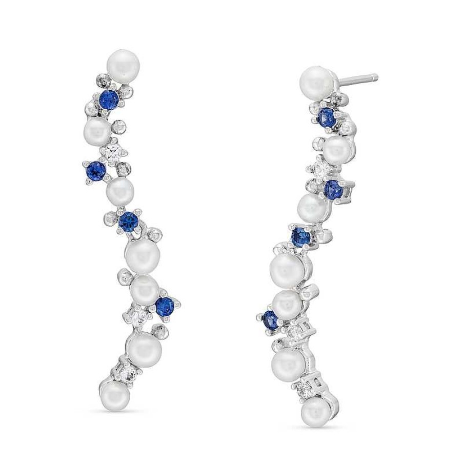 Zales Journey Cultured Freshwater Pearl, Blue And White Lab-Created Sapphire Curved Drop Earrings In Sterling Silver Earrings