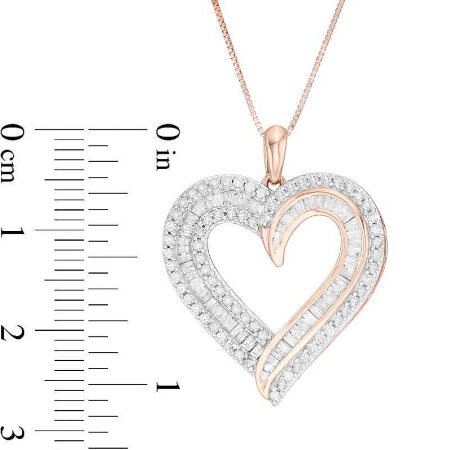 Zales 1 Ct. T.W. Baguette And Round Diamond Double Row Heart Pendant In 10K Rose Gold Necklaces