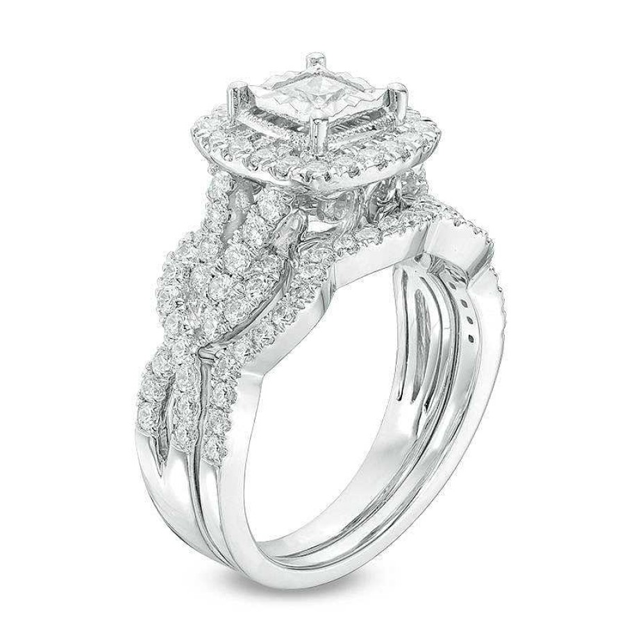 Zales 1-1/2 Ct. T.W. Princess-Cut Diamond Frame Vintage-Style Twist Bridal Set In 14K White Gold Rings