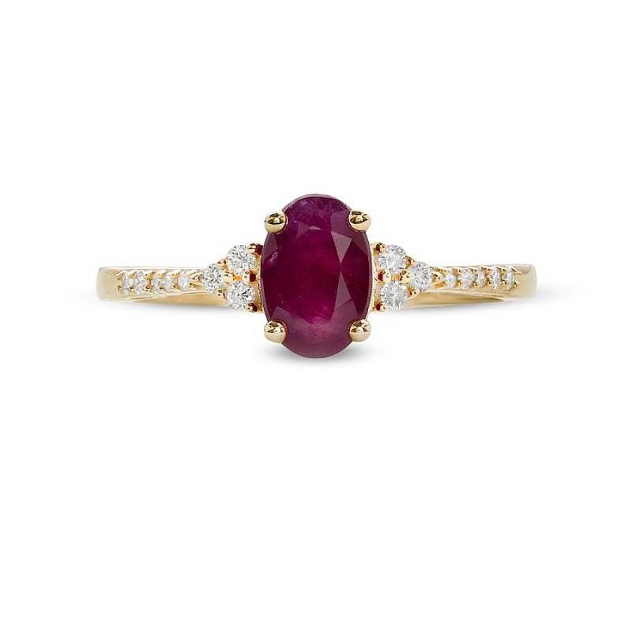 Zales Oval Certified Ruby And 1/10 Ct. T.W. Diamond Tri-Sides Ring In 10K Gold Rings