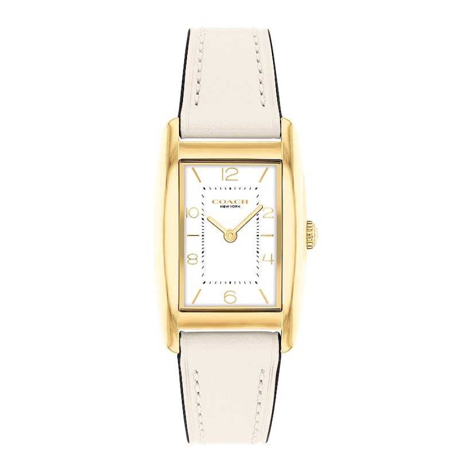 Coach Ladies' Coach Reese Gold-Tone Ip White Leather Strap Watch With Rectangular White Dial (Model: 14504314) Watches