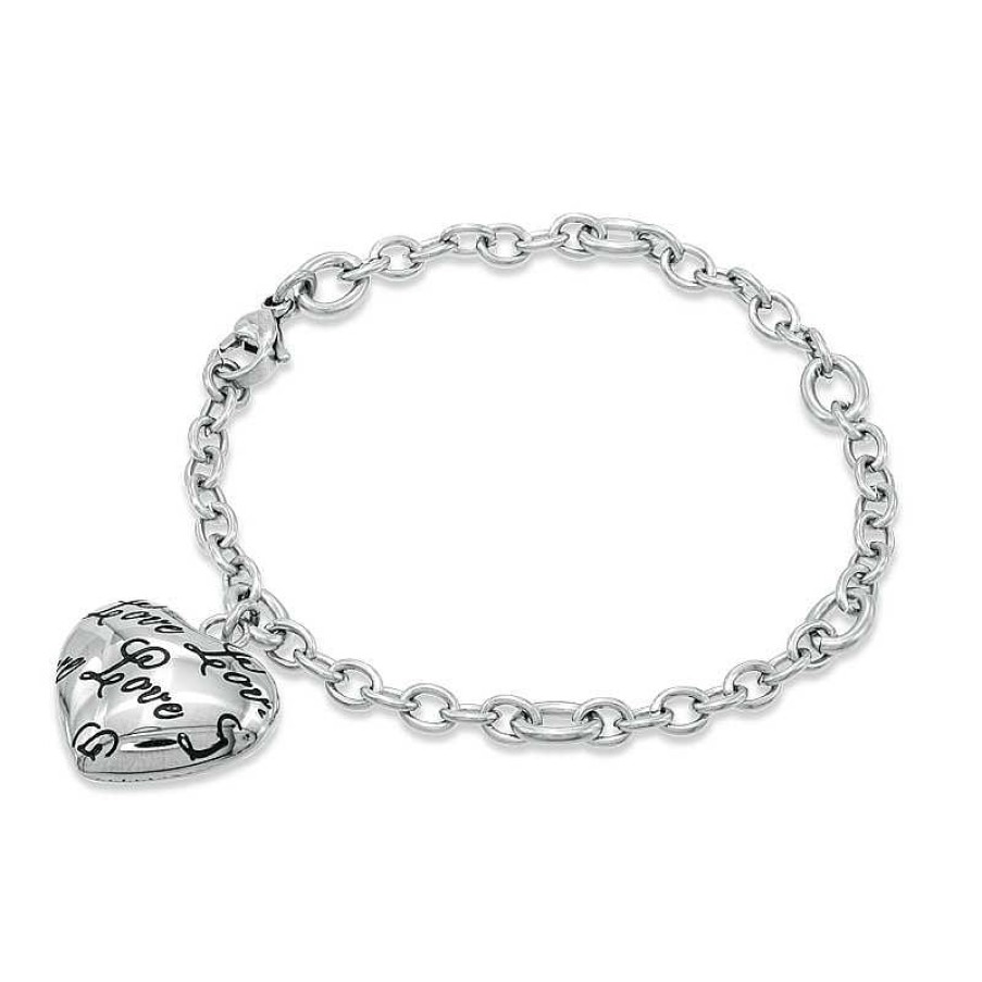 Zales Love Puffed Heart Charm Bracelet In Stainless Steel - 7.5" Bracelets