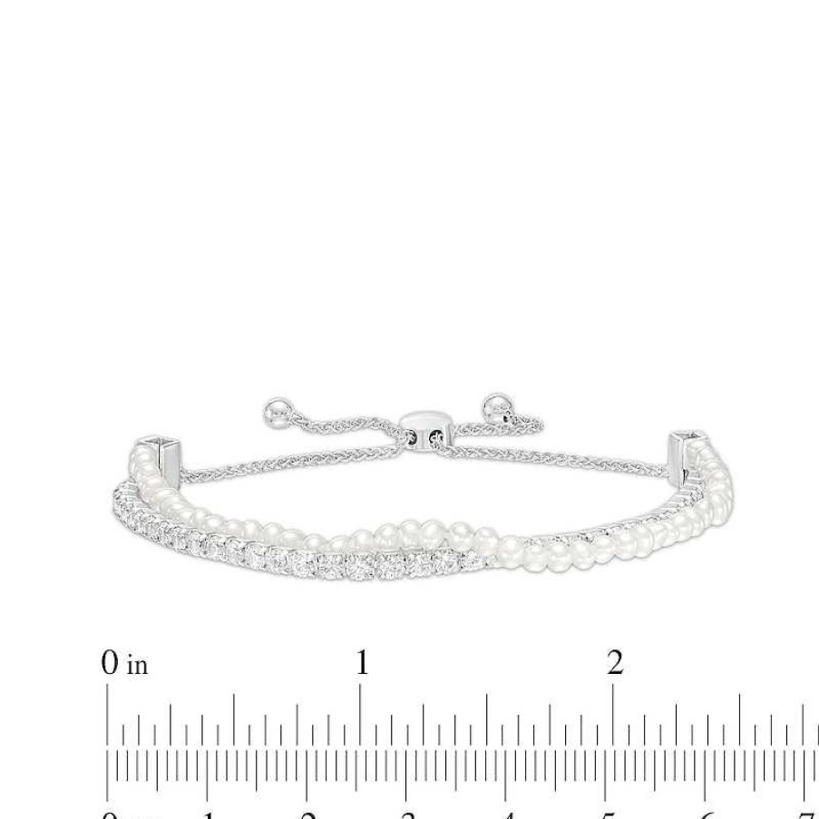 Zales Cultured Freshwater Pearl Strand And White Lab-Created Sapphire Line Double Row Bolo Bracelet In Sterling Silver - 9.0" Bracelets