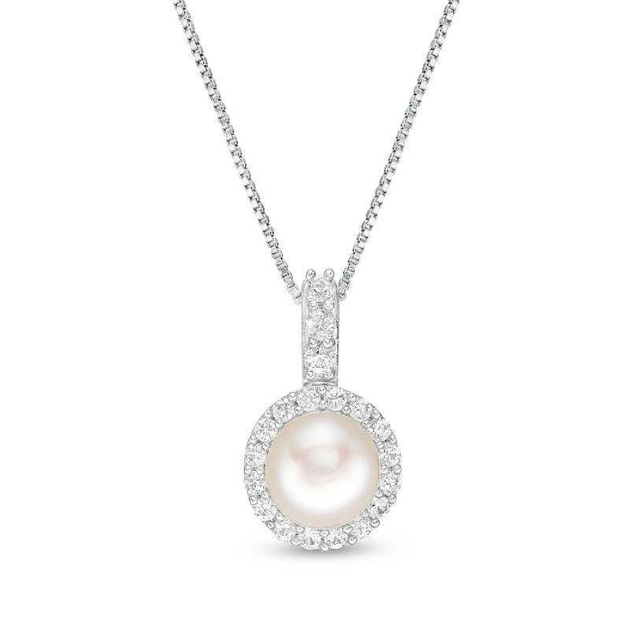 Zales 7.0Mm Cultured Freshwater Pearl And Lab-Created White Sapphire Frame Drop Pendant In Sterling Silver Necklaces