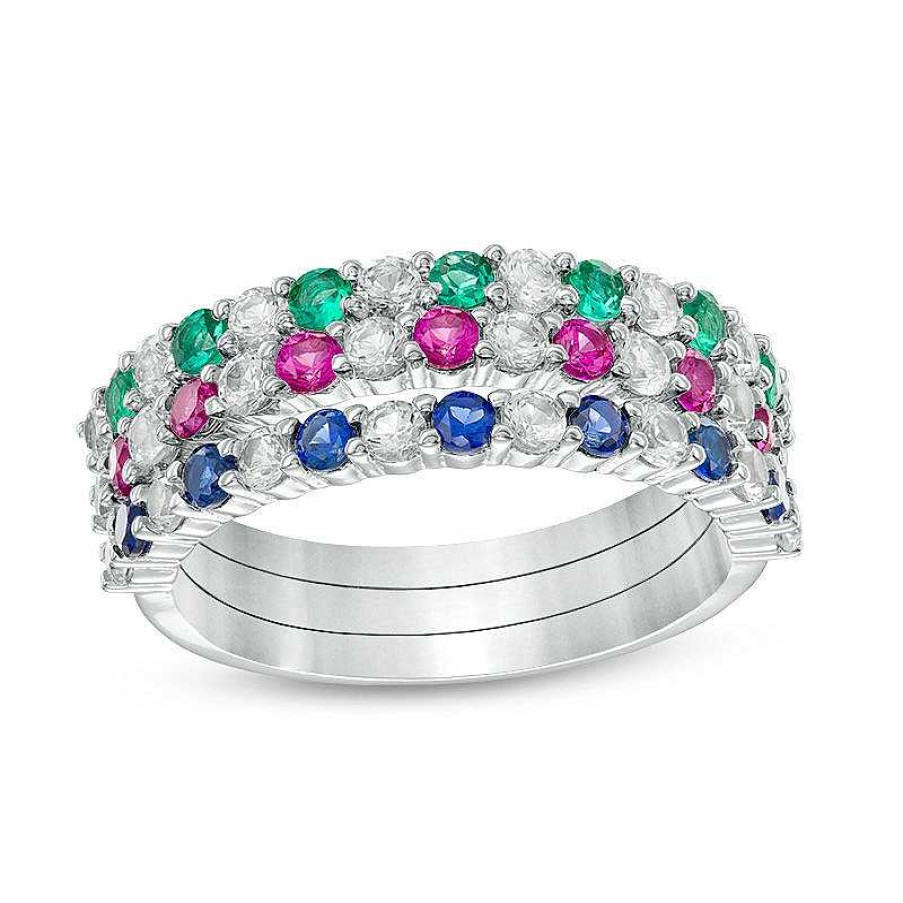 Zales Lab-Created Emerald, Ruby, Blue And White Sapphire Three Piece Stackable Ring Set In Sterling Silver Rings