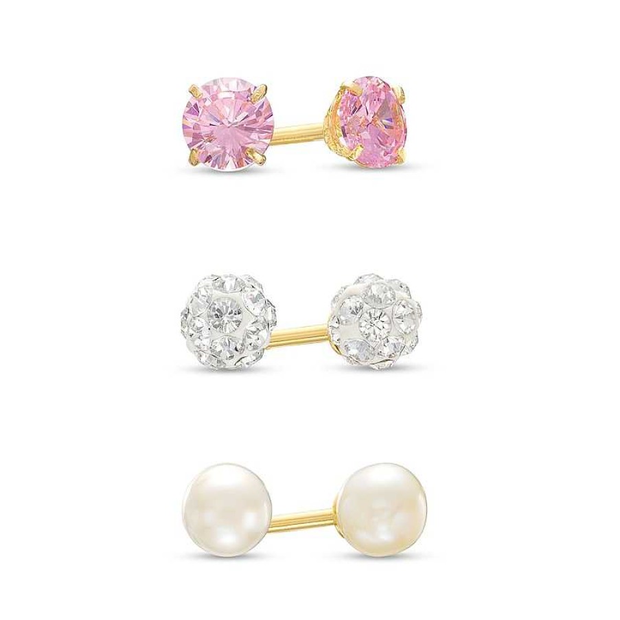 Zales Child'S 4.0Mm Cultured Freshwater Pearl, Crystal And Pink Cubic Zirconia Stud Earrings Set In 14K Gold Earrings