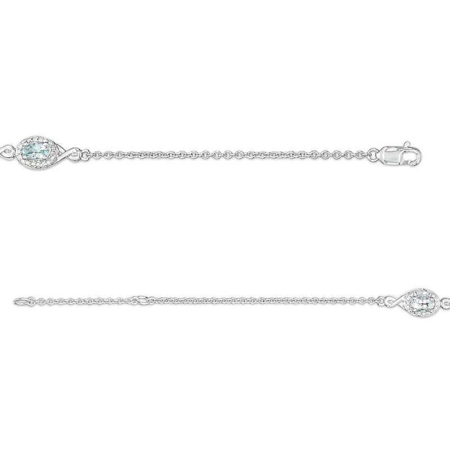 Zales Oval Aquamarine And Diamond Accent Twist Five Stone Bracelet In 10K White Gold 8.0" Bracelets