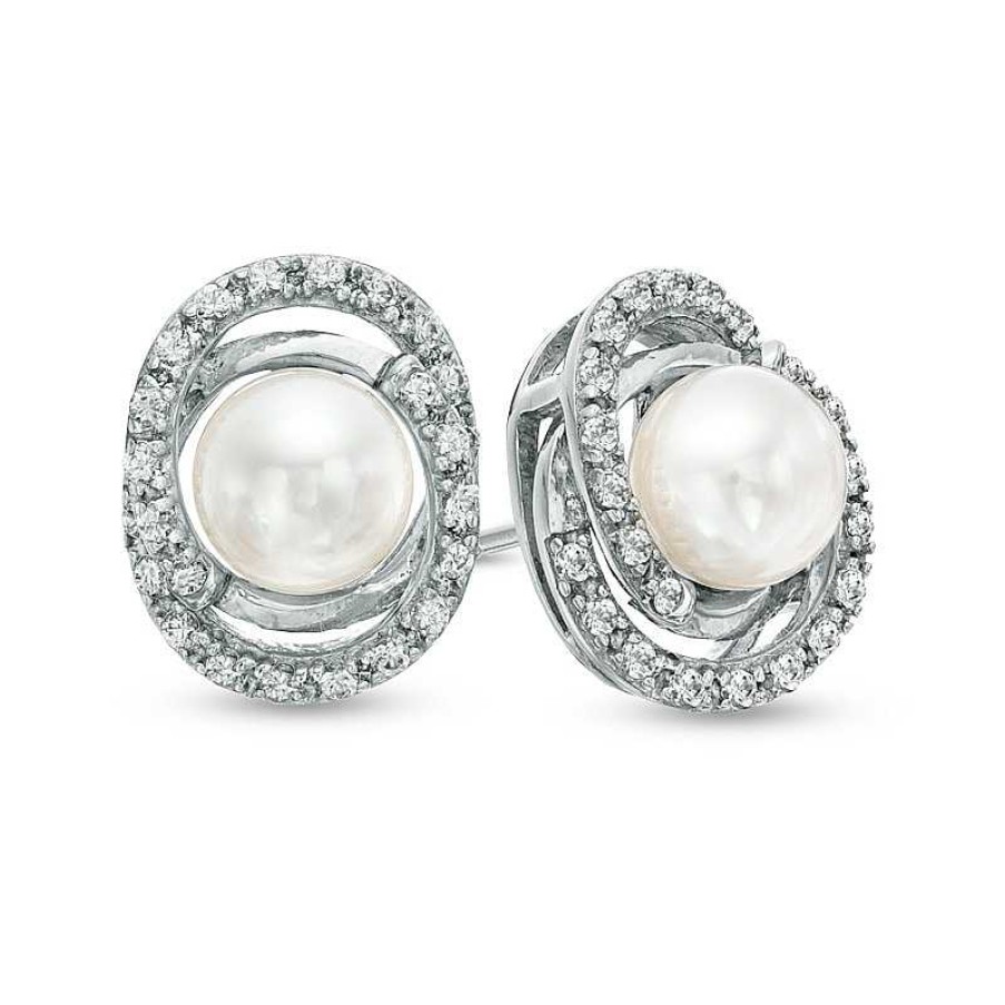 Zales 5.5 - 6.0Mm Cultured Freshwater Pearl And Lab-Created White Sapphire Loop Earrings In Sterling Silver Earrings