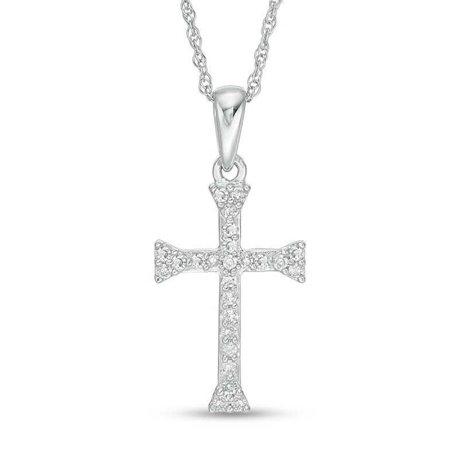 Zales 1/10 Ct. T.W. Diamond Flared Cross Pendant In 10K White Gold Necklaces