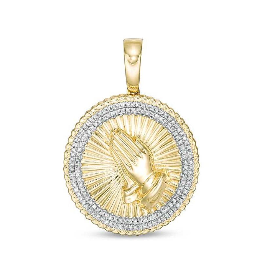 Zales Men'S 1/5 Ct. T.W. Diamond Textured Rope Triple Frame Praying Hands Medallion Necklace Charm In 10K Gold Necklaces