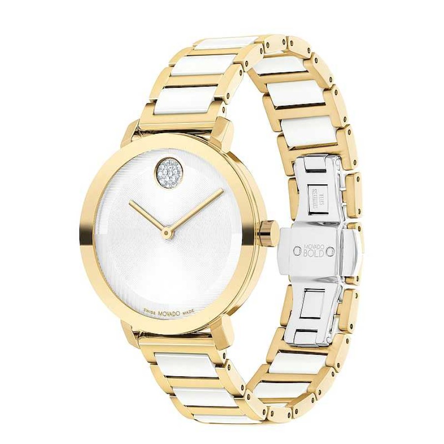 Movado Bold Ladies' Movado Bold® Evolution Crystal Accent Gold-Tone Ip Ceramic Watch With Textured Tonal Dial (Model: 3601238) Watches