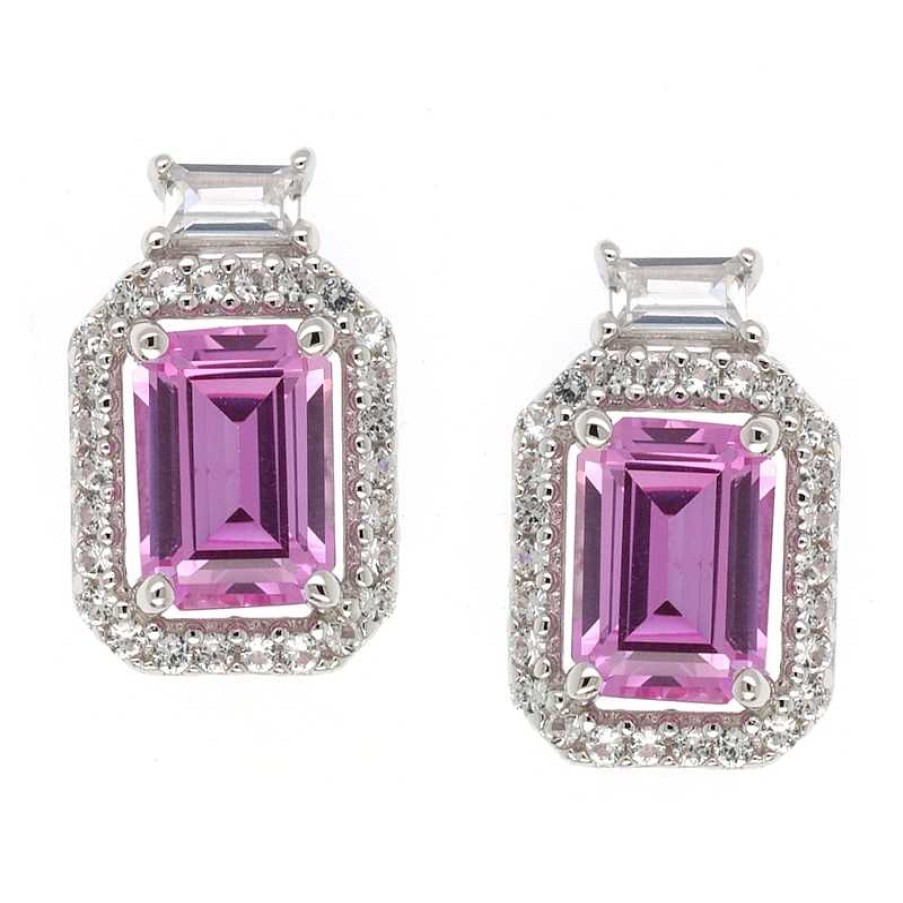 Zales Emerald-Cut Pink And White Lab-Created Sapphire Framed Stud Earrings In Sterling Silver Earrings