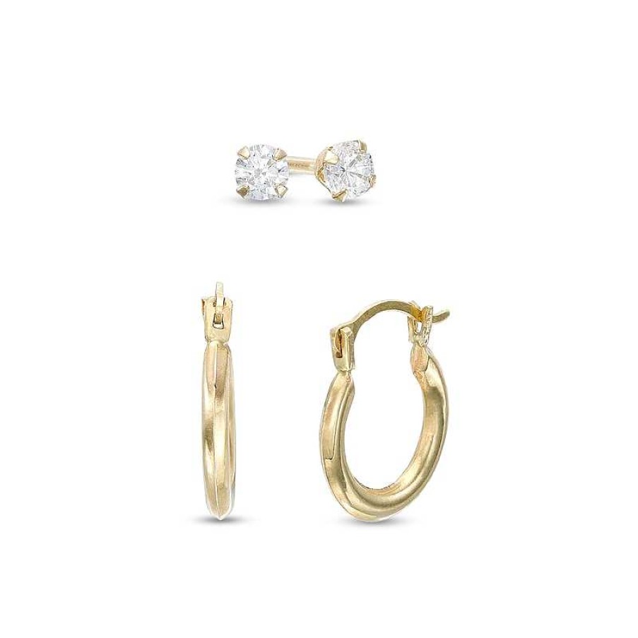 Zales Child'S Cubic Zirconia Solitaire Stud And Tube Hoop Earrings Set In 14K Gold Earrings