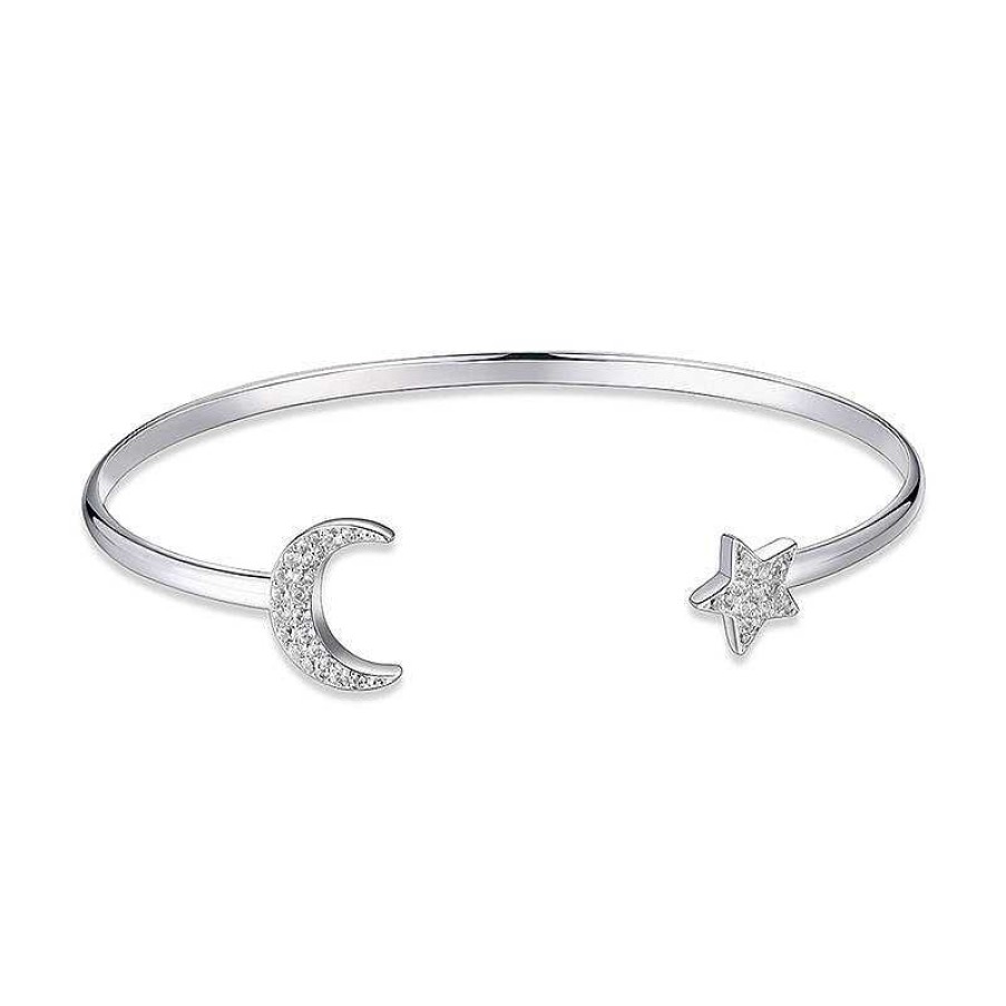 Zales Lab-Created White Sapphire Crescent Moon And Star Cuff In Sterling Silver - 7.25" Bracelets