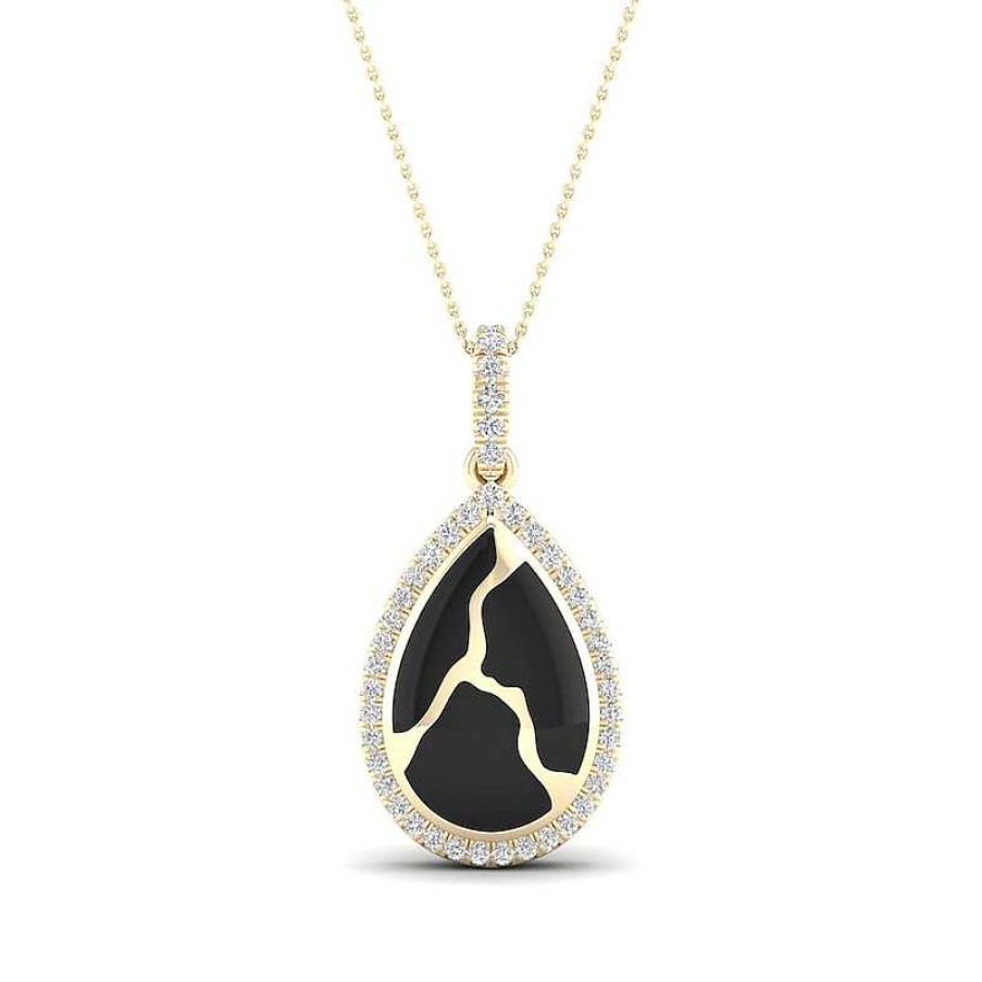 Zales 1/6 Ct. T.W. Diamond Edge Teardrop Black Kintsugi-Style Pendant In 10K Gold With Ceramic Necklaces