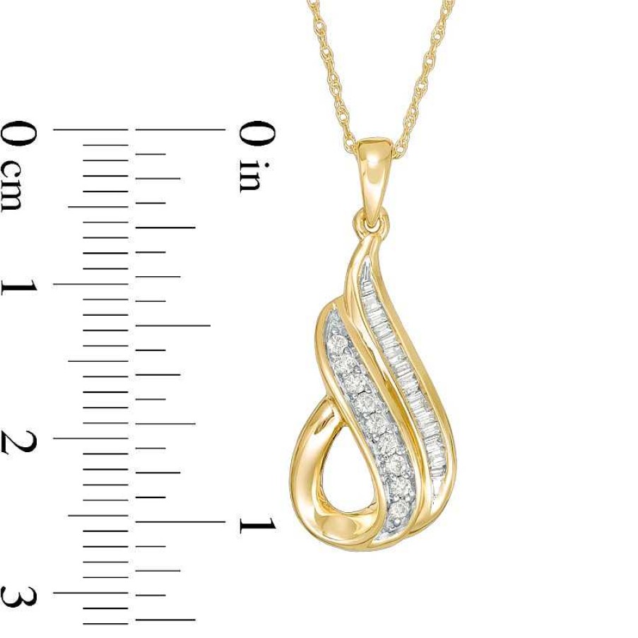 Zales 1/5 Ct. T.W. Baguette And Round Diamond Teardrop Pendant In 10K Gold Necklaces