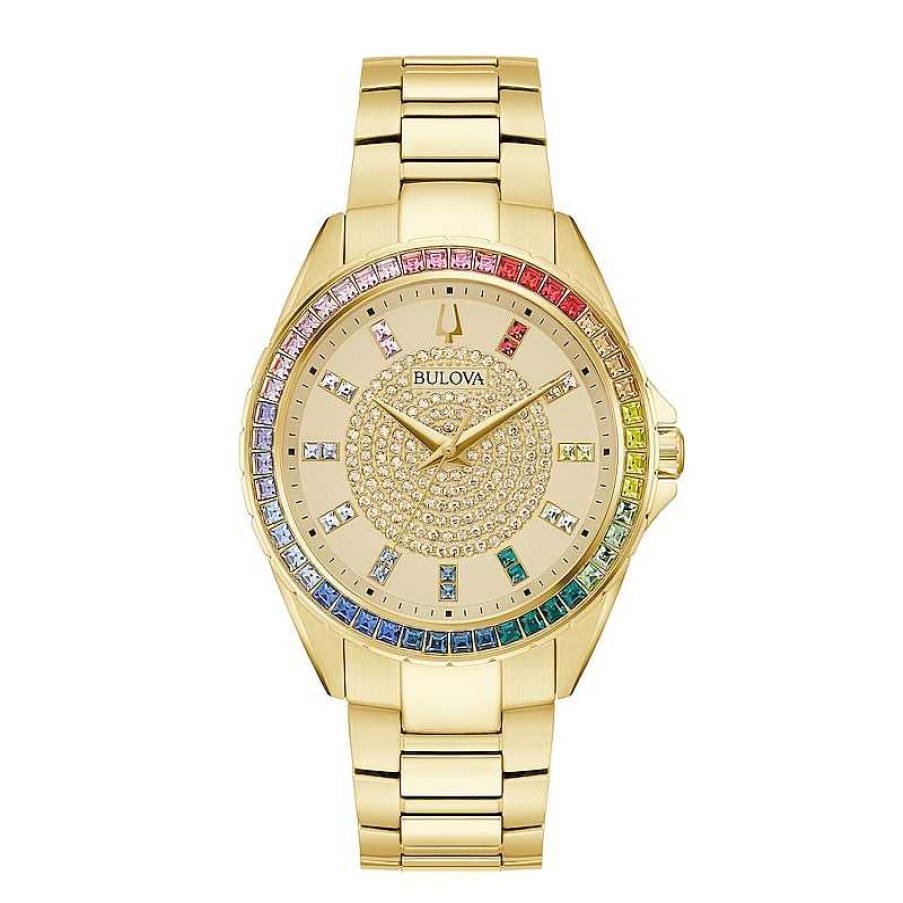 Bulova Men'S Bulova Phantom Rainbow Crystal Accent Gold-Tone Watch With Champagne Dial (Model: 97A179) Watches