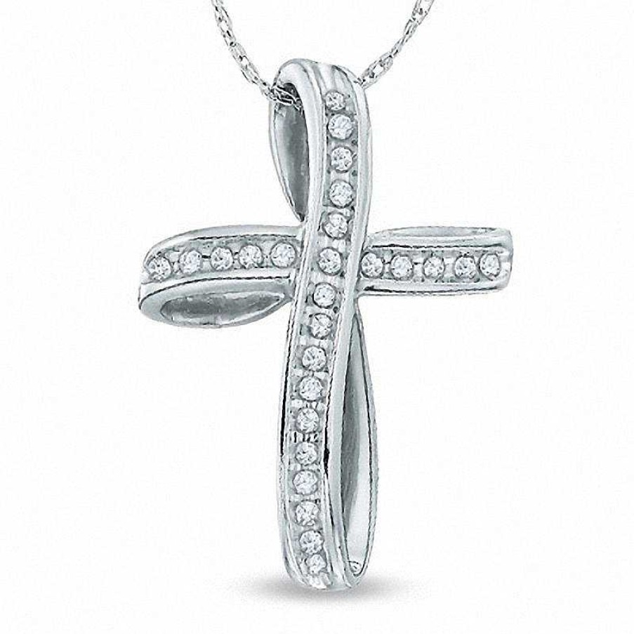 Zales 1/8 Ct. T.W. Diamond Loop Cross Pendant In 10K White Gold Necklaces