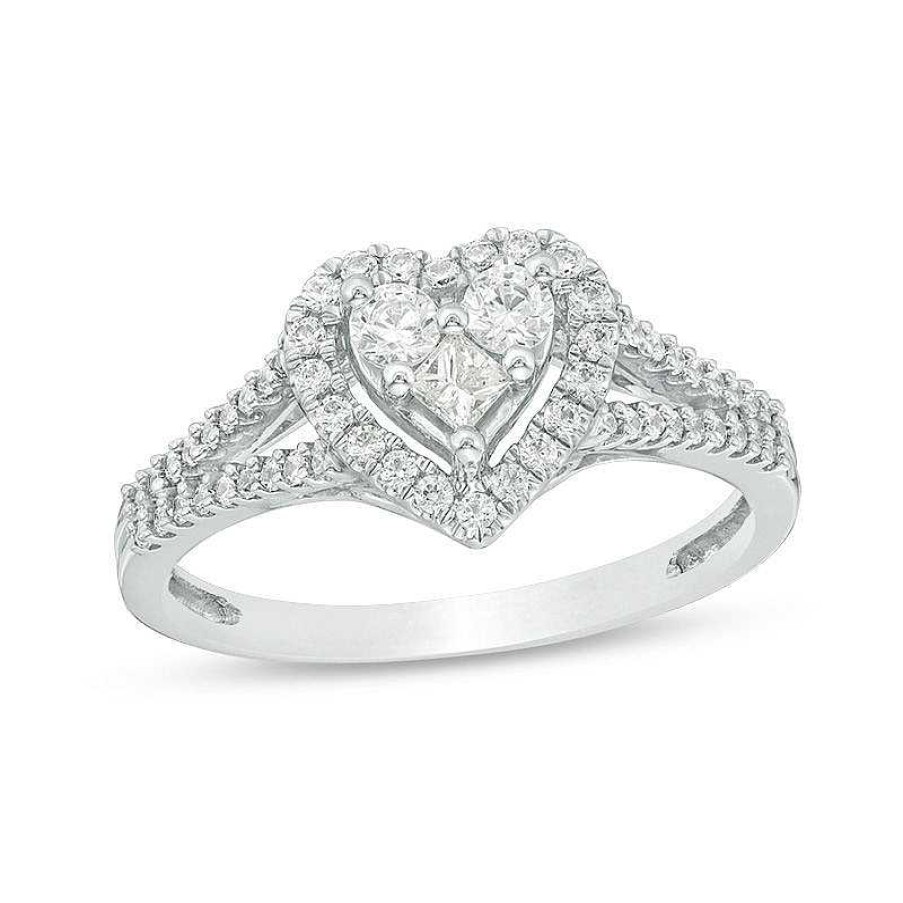 Zales 1/2 Ct. T.W. Princess-Cut And Round Diamond Heart Frame Ring In 10K White Gold Rings