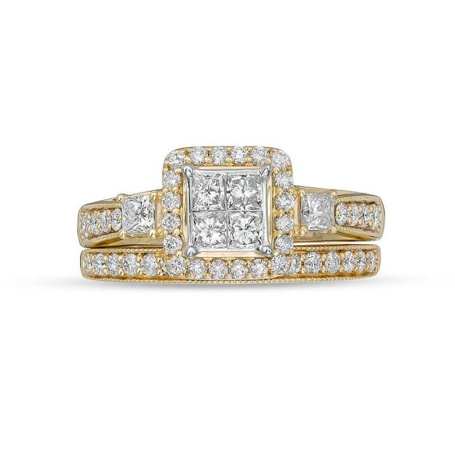 Zales 1 Ct. T.W. Princess-Cut Quad Diamond Cushion-Shaped Frame Vintage-Style Bridal Set In 10K Gold Rings