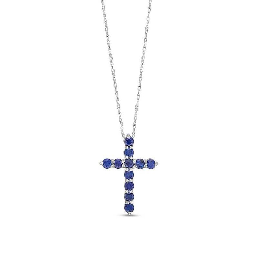 Zales Blue Sapphire Cross Pendant In 10K White Gold Necklaces