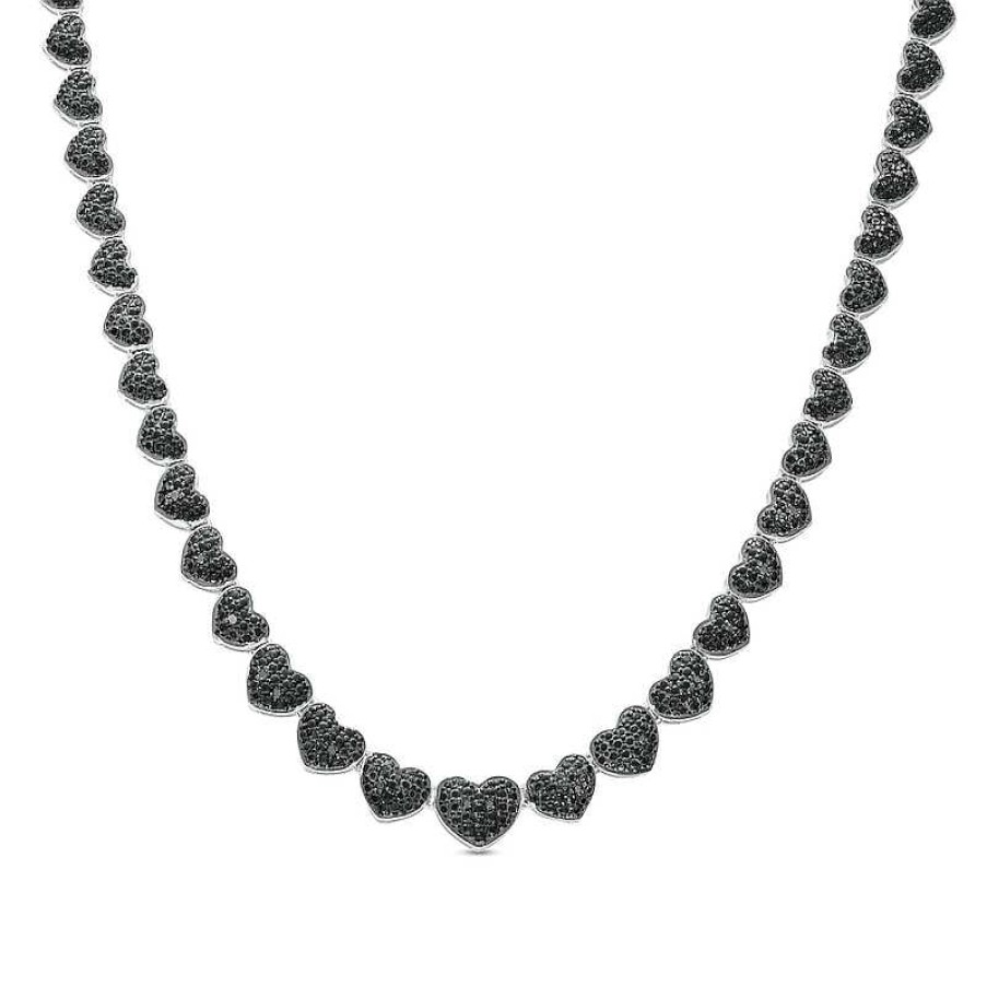 Zales 1/10 Ct. T.W. Black Diamond Beaded Graduated Hearts Link Necklace In Sterling Silver And Black Resin Necklaces