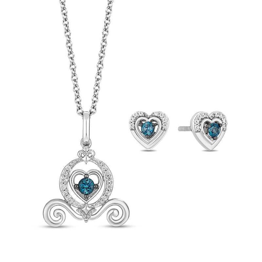 Zales Enchanted Disney Cinderella Blue Topaz And 1/10 Ct. T.W. Diamond Pendant And Stud Earrings Set In Sterling Silver - 19" Earrings