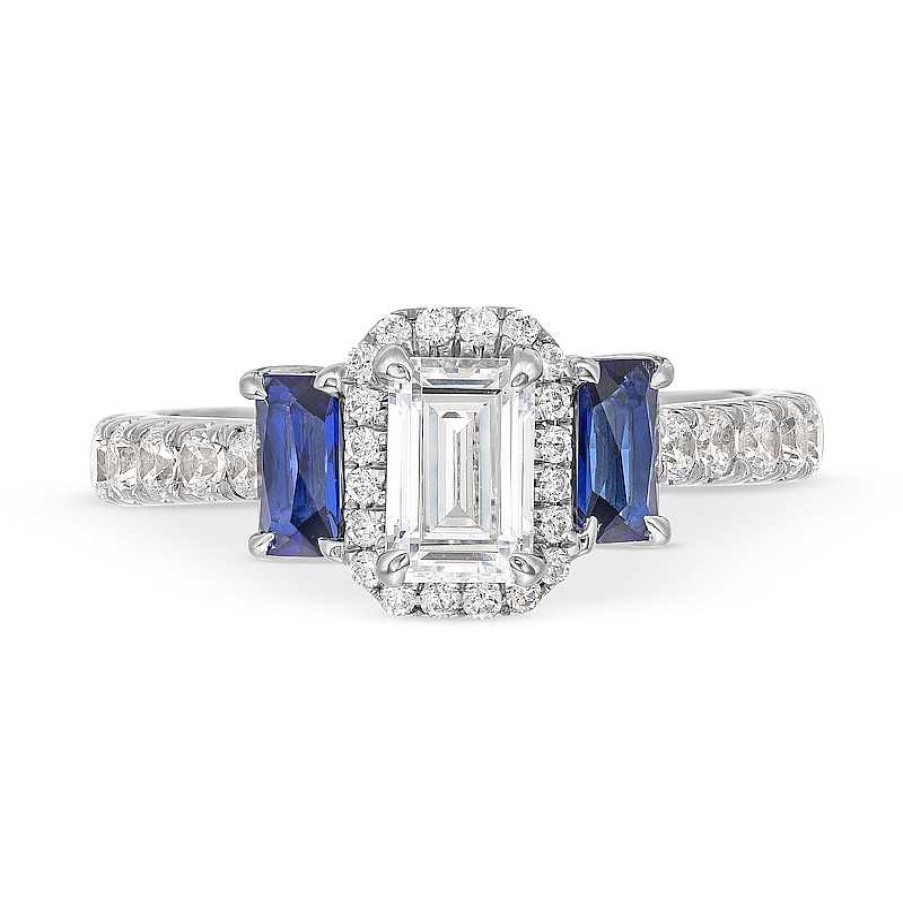 Zales Vera Wang Love Collection 1-1/4 Ct. T.W. Emerald-Cut Diamond And Sapphire Three Stone Engagement Ring In 14K White Gold Rings