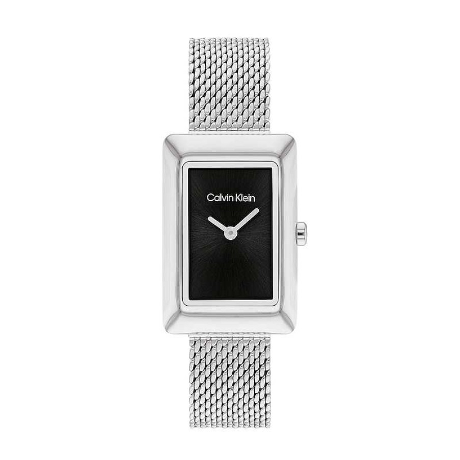 Calvin Klein Ladies' Calvin Klein Mesh Watch With Rectangular Black Dial (Model: 25200399) Watches