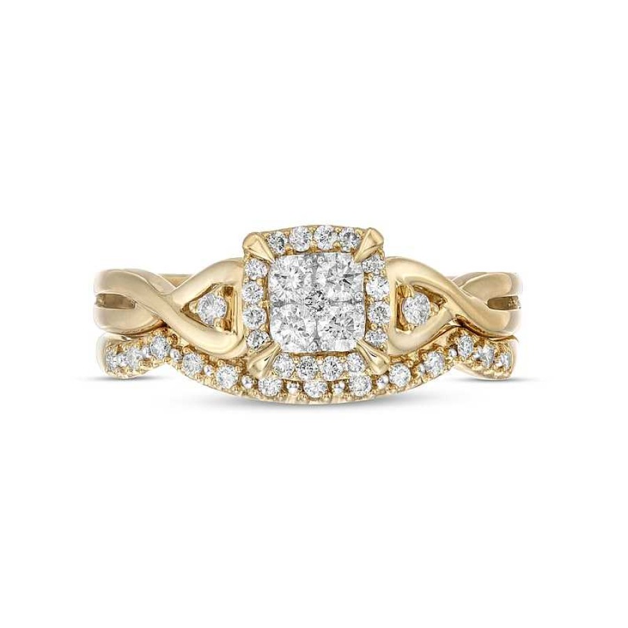 Zales 1/3 Ct. T.W. Quad Diamond Cushion-Shaped Frame Twist Shank Bridal Set In 10K Gold Rings