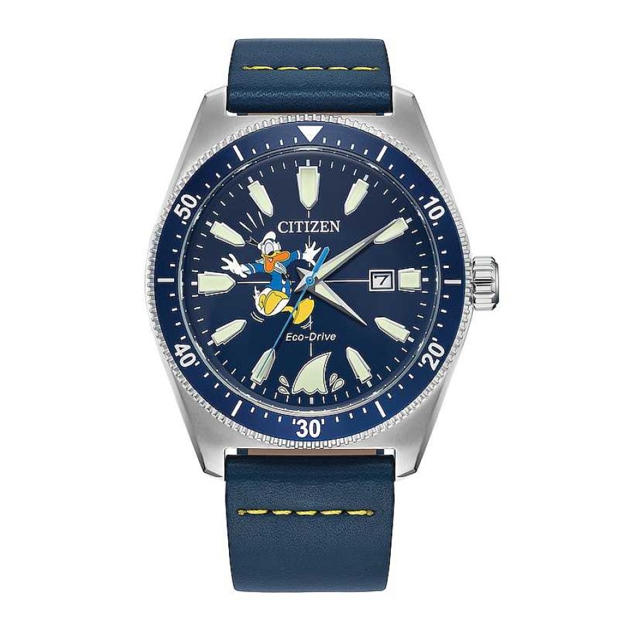 Citizen Citizen Eco-Drive® Disney Donald Duck With Shark Blue Leather Strap Watch With Blue Dial (Model: Aw1790-05W) Watches