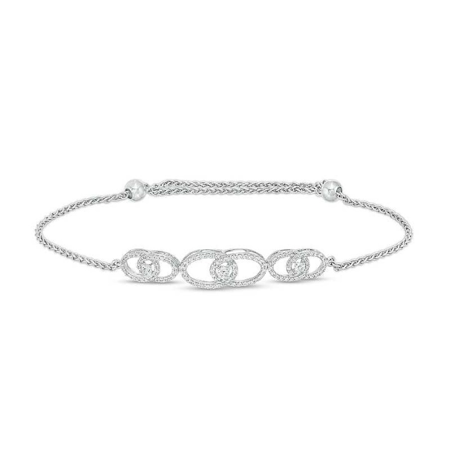 Zales You Me Us 3/4 Ct. T.W. Diamond Interlocking Ovals Trio Bolo Bracelet In 10K White Gold 9" Bracelets