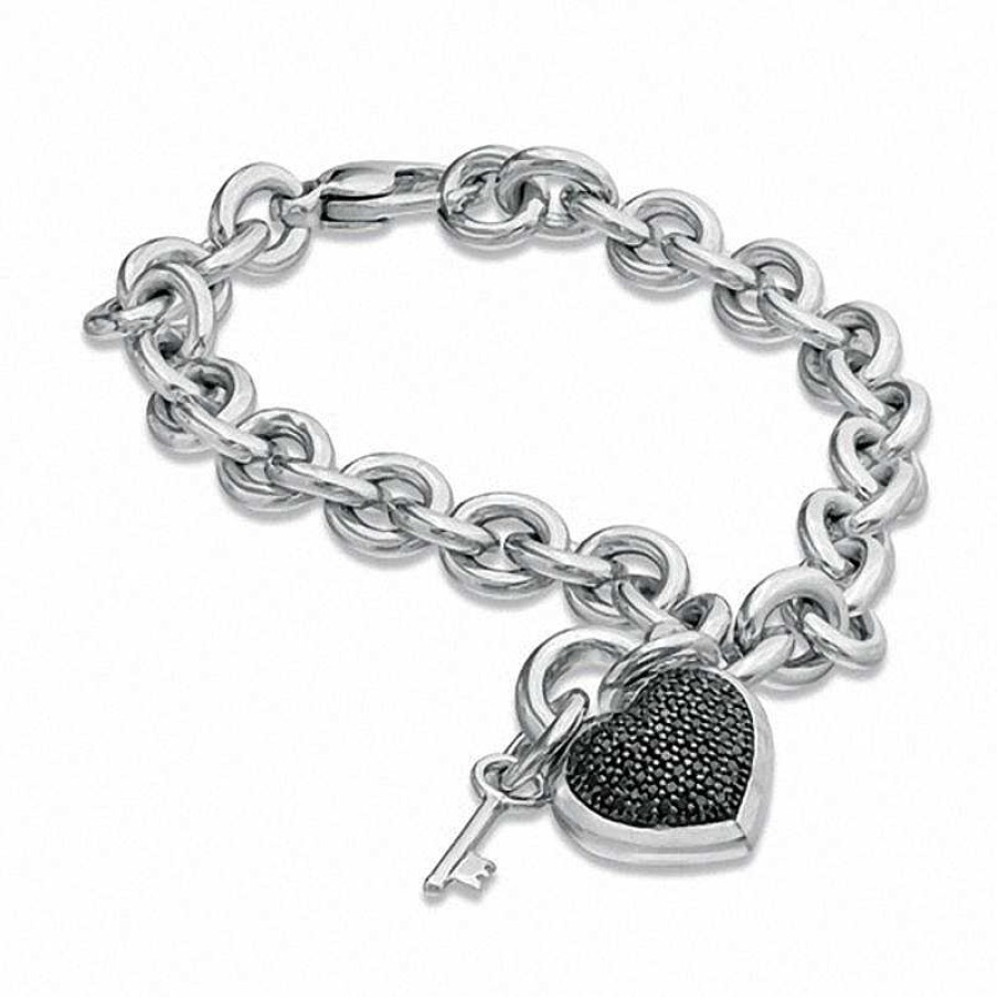 Zales 1/3 Ct. T.W. Black Diamond Heart With Key Charm Bracelet In Sterling Silver - 7.5" Bracelets