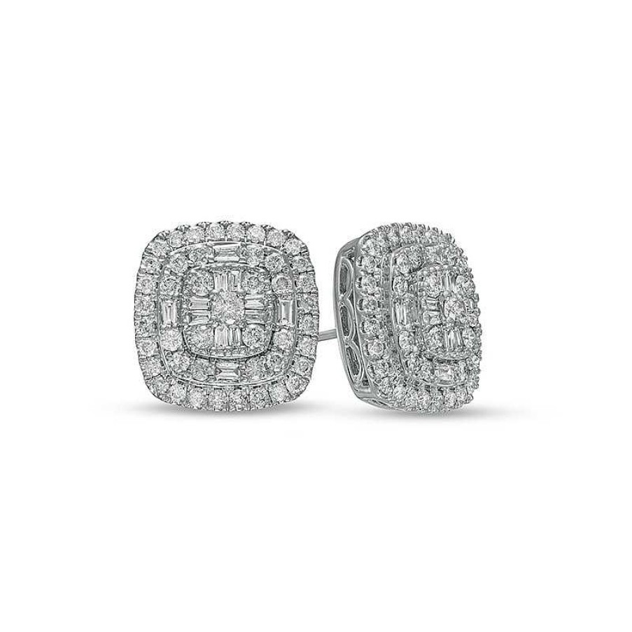 Zales 1 Ct. T.W. Cushion-Shaped Multi-Diamond Double Frame Layered Stud Earrings In 10K White Gold Earrings