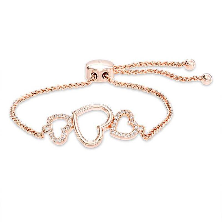 Zales Lab-Created White Sapphire Triple Heart Bolo Bracelet In Sterling Silver With 18K Rose Gold Plate - 9.0" Bracelets