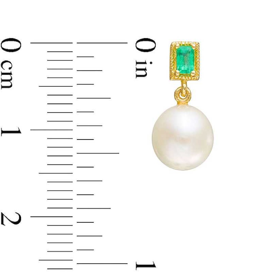 Zales 7.0Mm Cultured Freshwater Pearl And Baguette Emerald Vintage-Style Drop Earrings In 10K Gold Earrings