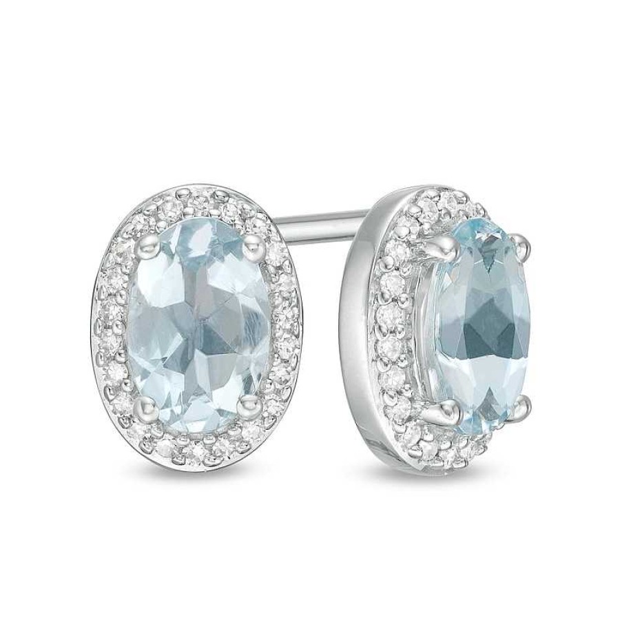 Zales Oval Aquamarine And 1/10 Ct. T.W. Diamond Frame Stud Earrings In 10K White Gold Earrings