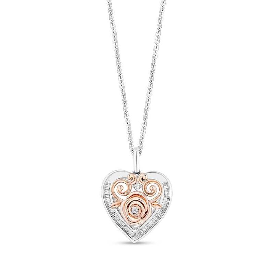 Zales Enchanted Disney Belle 1/5 Ct. T.W. Diamond Rose Heart Frame Pendant In Sterling Silver And 10K Rose Gold - 19" Necklaces