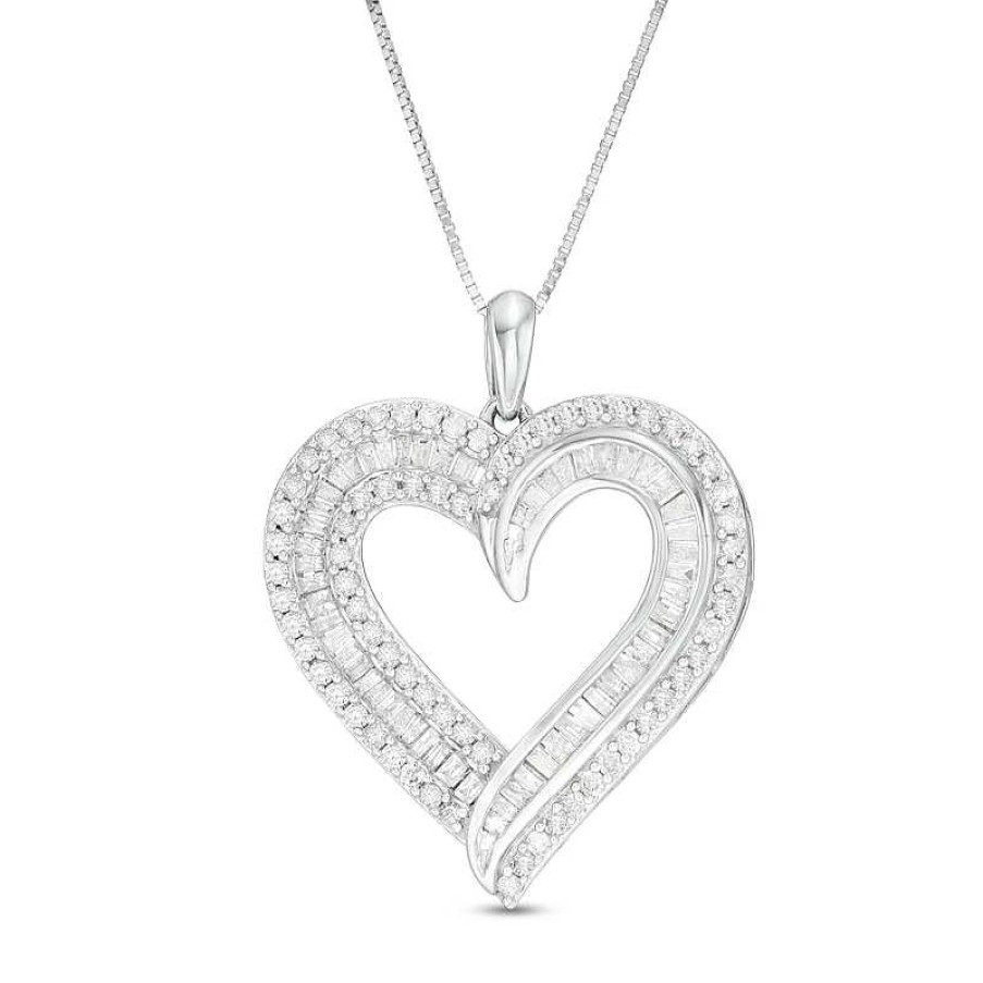 Zales 1 Ct. T.W. Baguette And Round Diamond Double Row Heart Pendant In 10K White Gold Necklaces