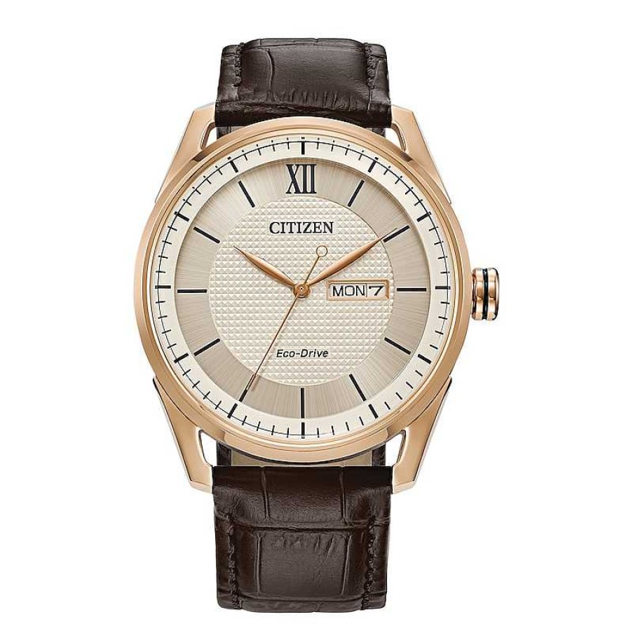 Citizen Men'S Citizen Eco-Drive® Classic Rose-Tone Leather Strap Watch With Ivory Dial (Model: Aw0082-01A) Watches