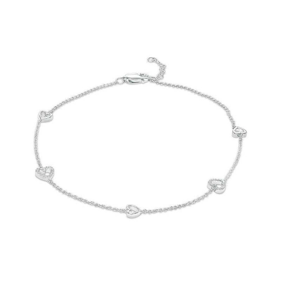 Zales 1/10 Ct. T.W. Diamond Open Heart Station Anklet In Sterling Silver 10" Bracelets