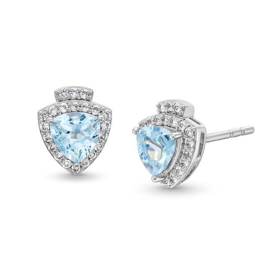 Zales Trillion-Cut Aquamarine And White Lab-Created Sapphire Stud Earrings In Sterling Silver Earrings