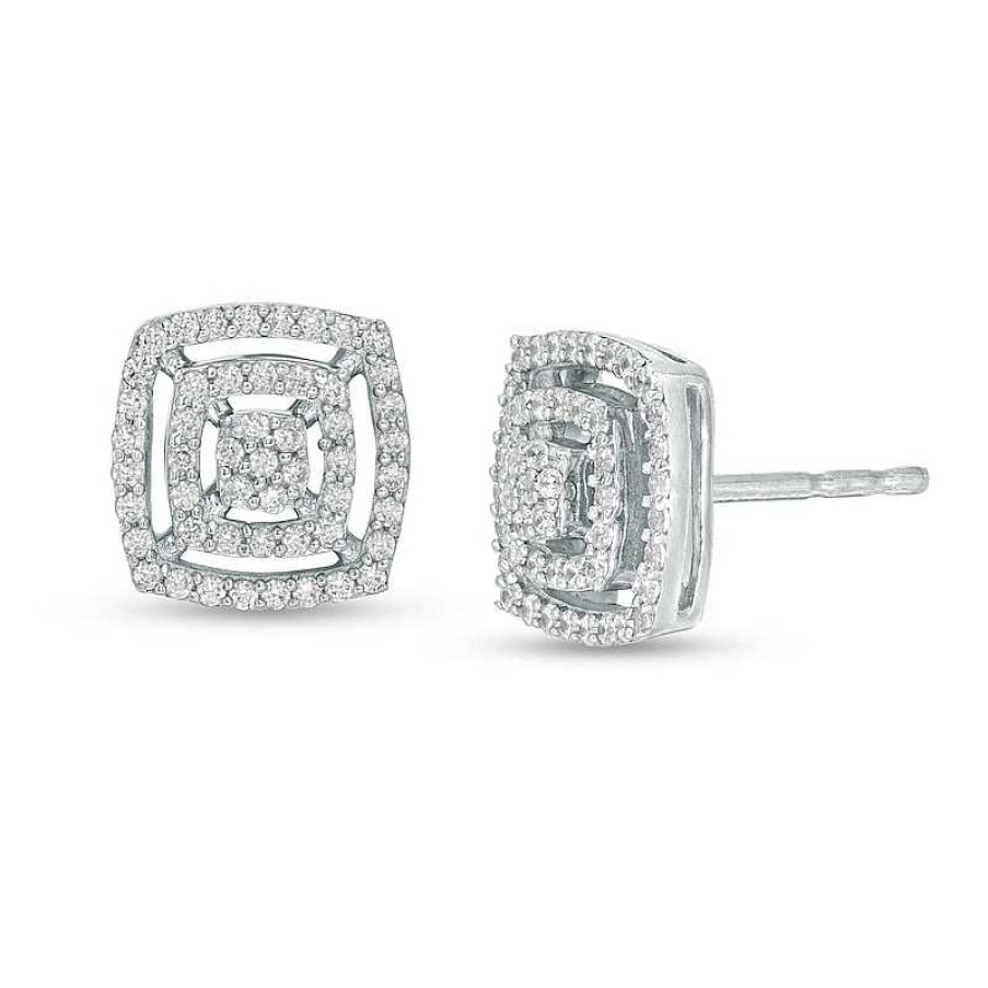 Zales 1/3 Ct. T.W. Cushion Multi-Diamond Double Frame Stud Earrings In 10K White Gold Earrings