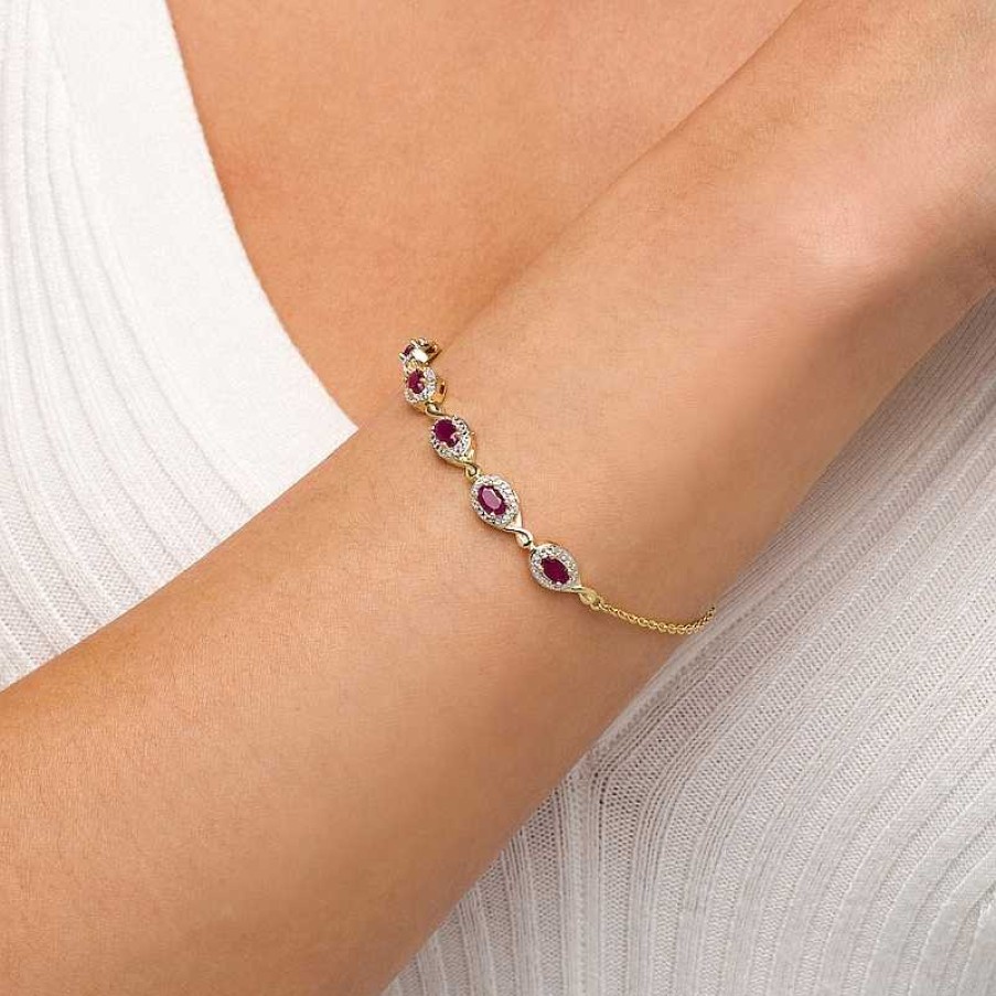 Zales Oval Ruby And Diamond Accent Twist Five Stone Bracelet In 10K Gold 8.0" Bracelets