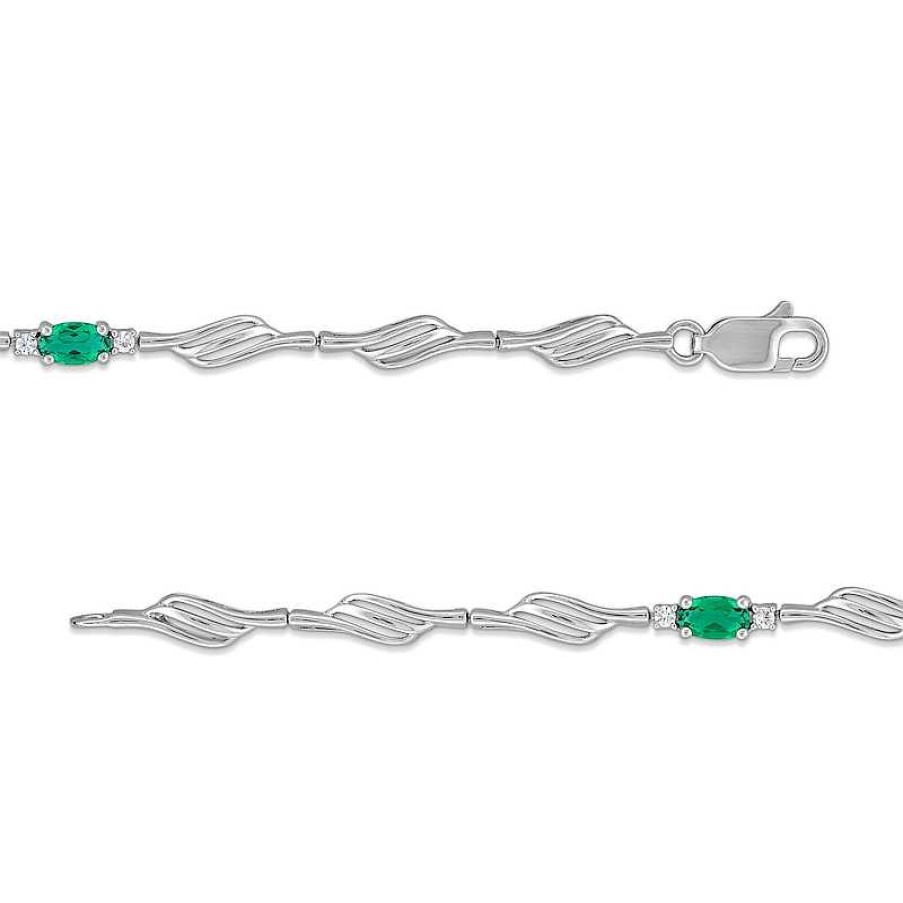 Zales Oval Lab-Created Emerald And White Lab-Created Sapphire Bypass Wave Alternating Line Bracelet In Sterling Silver Bracelets